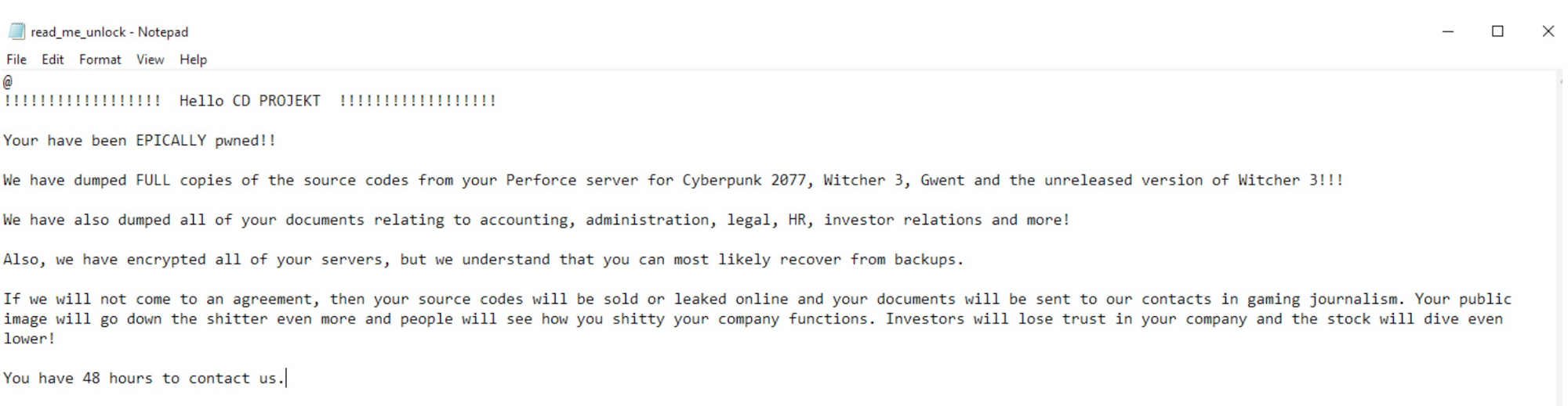 Mensagem deixada pelos operadores do ransomware, publcada pela CD Projekt, no Twitter. Foto: CD Projekt.