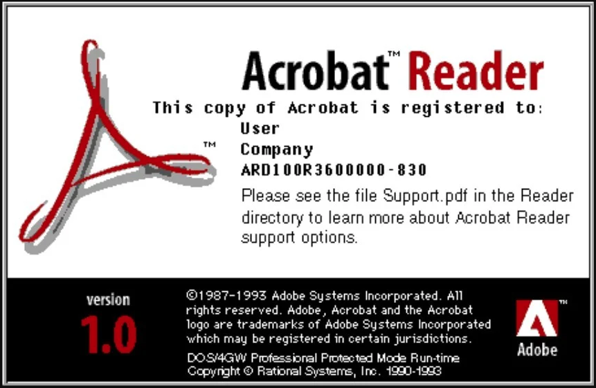 Captura de tela da página de informações do Adobe Acrobat Reader, de 1991, desenvolvido para sistemas MS-DOS. Foto: WinWorld. 