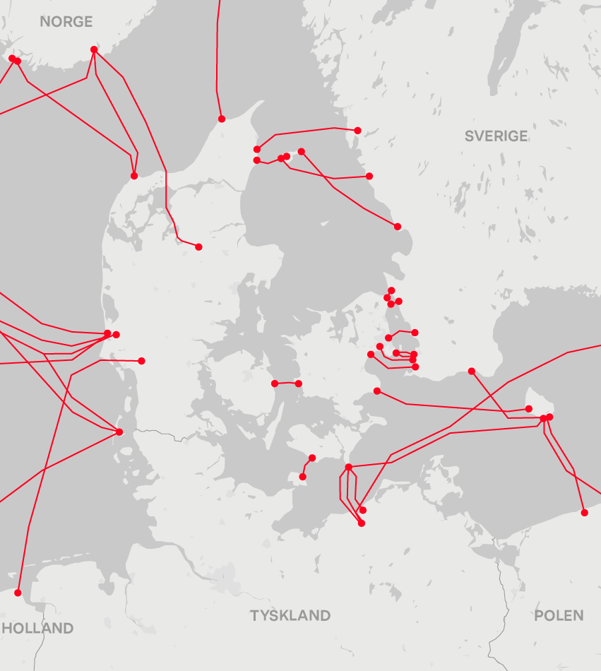 Mapa dos cabos de internet subaquáticos que chegam a Dinamarca. Foto: DR.