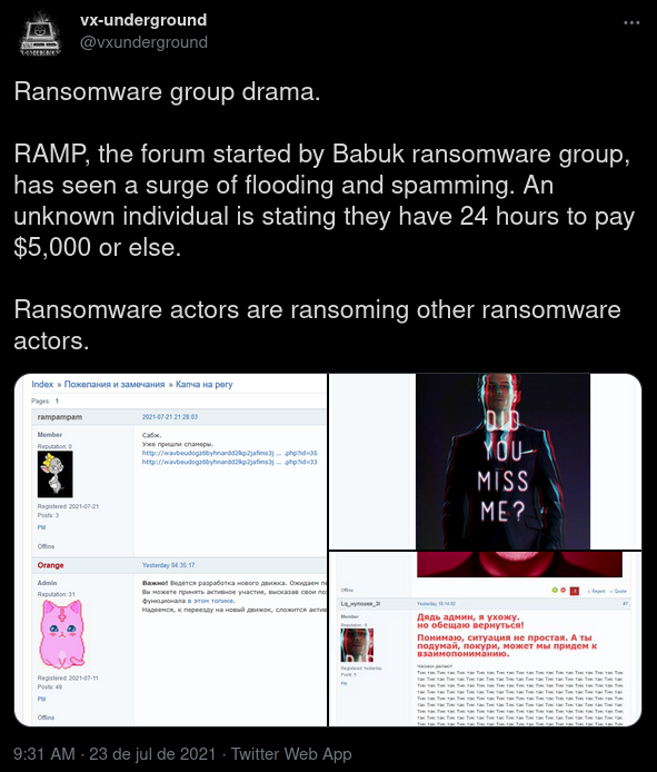 RAMP, o fórum criado pelo grupo do ransomware Babuk vivenciou uma onda de spam. Um usuário não identificado disse que o grupo tem 24 horas para o pagamento do resgate, que é U$ 5 mil. Foto: vx-underground.