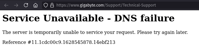  Exemplo de página indisponível no site da GIGABYTE. Foto: The Hack.