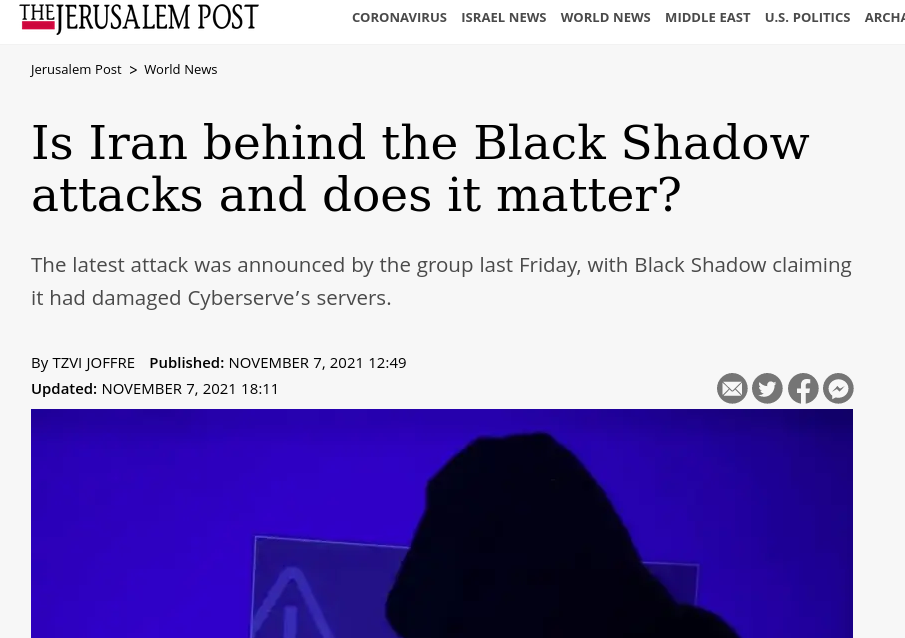 Reportagem do jornal The Jerusalem Post discute relação do governo iraniano com os cibercriminosos do grupo Black Shadow. Captura de tela: The Hack.