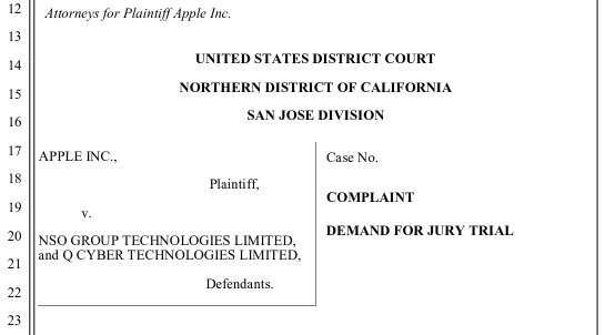 Documento apresentado pelos advogados da Apple acusa NSO Group e sua divisão de cibersegurança Q Cyber Technologies. Captura de tela: The Hack.